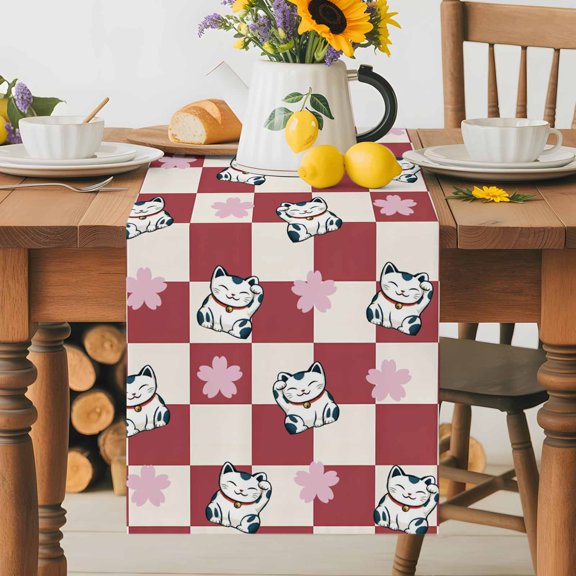 Kitchen Table Runner 36 Inches Long, Japanese Lucky Cat Pink Floral Cotton Linen Table Runners for Dining Tables Home Holiday Party Wedding, Vintage Red Buffalo Plaid Tabletop Scarf