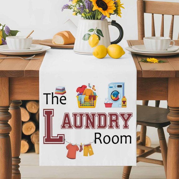 Kitchen Table Runner 36 Inches Long, Laundry Room Quotes Theme Element Cotton Linen Table Runners for Dining Tables Home Holiday Party Wedding, White Background Tabletop Scarf
