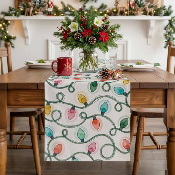 Kitchen Table Runner 36 Inches Long, Merry Christmas Fairy Lights Table Runners for Dining Tables Home Holiday Party Wedding, Colorful Light Balls on Beige Tabletop Scarf