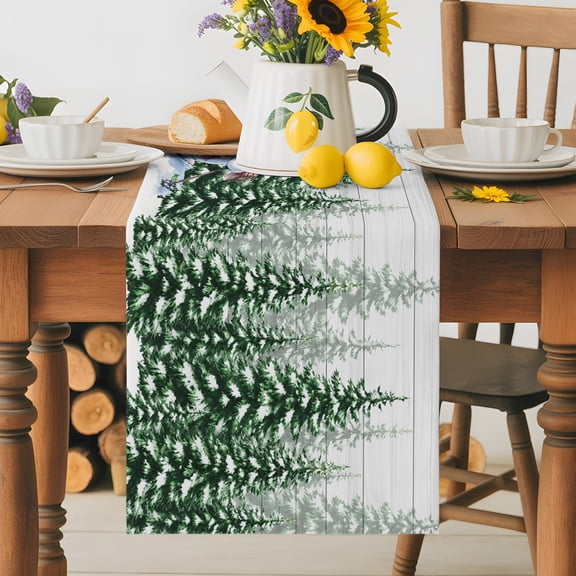 Kitchen Table Runner 36 Inches Long, Merry Christmas Tree Snowman Skiing Cotton Linen Table Runners for Dining Tables Home Holiday Party Wedding, White Wood Board Tabletop Scarf