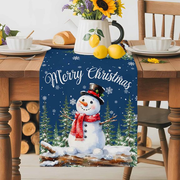 Kitchen Table Runner 36 Inches Long, Merry Christmas Tree Snowman Snowflake Cotton Linen Table Runners for Dining Tables Home Holiday Party Wedding, Navy Blue Tabletop Scarf