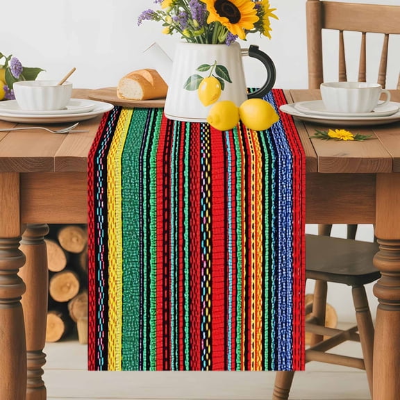Kitchen Table Runner 36 Inches Long, Mexican Colorful Stripes Cotton Linen Table Runners for Dining Tables Home Holiday Party Wedding, Rainbow Lines Ethnic Style Tabletop Scarf
