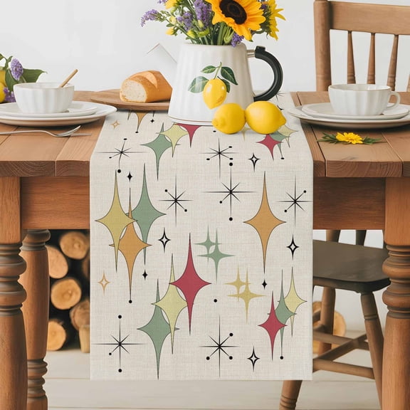 Kitchen Table Runner 36 Inches Long, Mid Century Abstract Diamond Cotton Linen Table Runners for Dining Tables Home Holiday Party Wedding, Modern Geometric on Retro Linen Tabletop Scarf