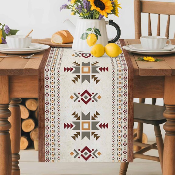 Kitchen Table Runner 36 Inches Long, Mid Century Abstract Geometric Boho Style Cotton Linen Table Runners for Dining Tables Home Holiday Party Wedding, Color Block Brown Stripes Tabletop Scarf