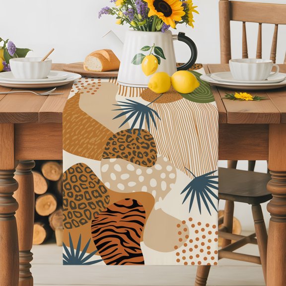 Kitchen Table Runner 36 Inches Long, Mid Century Boho Leopard Stripe Color Block Cotton Linen Table Runners for Dining Tables Home Holiday Party Wedding, Abstract Leaf Tabletop Scarf