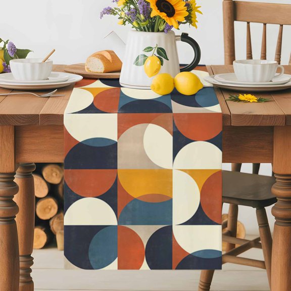 Kitchen Table Runner 36 Inches Long, Mid Century Color Block Circle Abstract Geometric Cotton Linen Table Runners for Dining Tables Home Holiday Party Wedding, Retro Nordic Style Tabletop Scarf