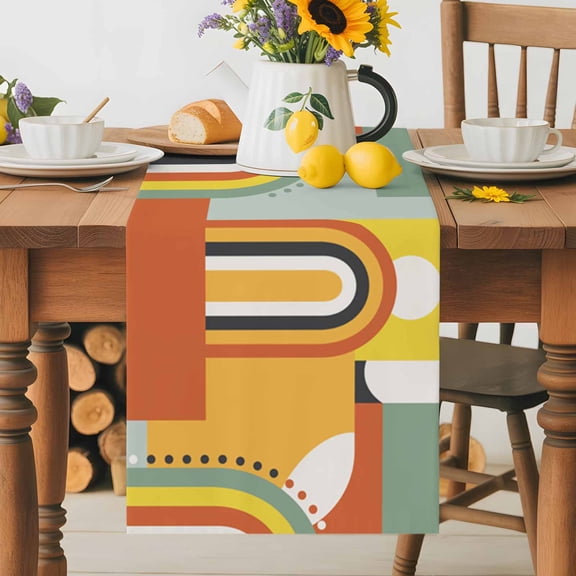 Kitchen Table Runner 36 Inches Long, Middle Century Geometric Art Cotton Linen Table Runners for Dining Tables Home Holiday Party Wedding, Retro Nordic Abstract Arch Tabletop Scarf