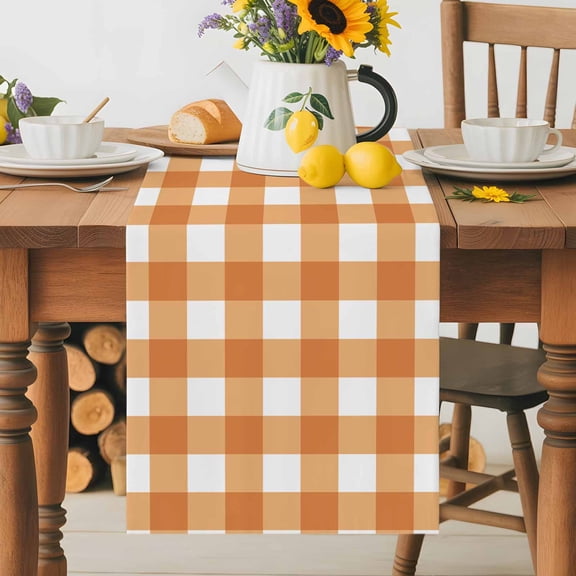 Kitchen Table Runner 36 Inches Long, Minimalist Orange Checkered Grid Cotton Linen Table Runners for Dining Tables Home Holiday Party Wedding, Spring Buffalo Plaid Tabletop Scarf