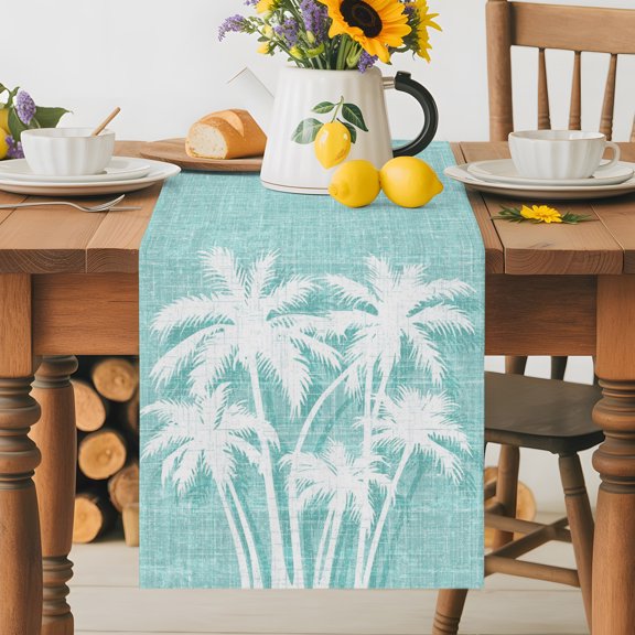 Kitchen Table Runner 36 Inches Long, Mint Green Palm Tree Cotton Linen Table Runners for Dining Tables Home Holiday Party Wedding, Summer Trees Tropical Botanical Tabletop Scarf