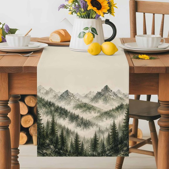 Kitchen Table Runner 36 Inches Long, Misty Forest Mountain Peaks Cotton Linen Table Runners for Dining Tables Home Holiday Party Wedding, Retro Natural Landscape Tabletop Scarf