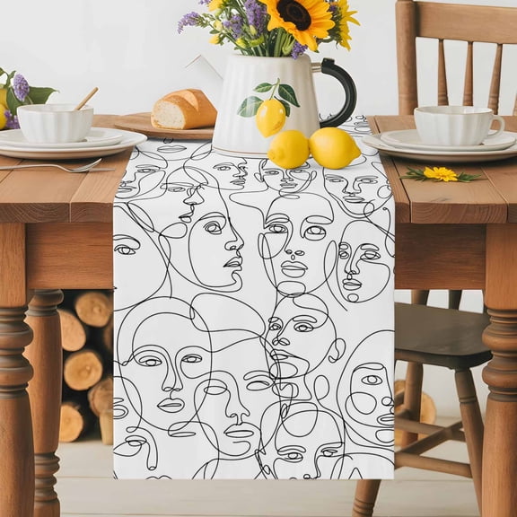 Kitchen Table Runner 36 Inches Long, Modern Character Face Abstract Line Arts Cotton Linen Table Runners for Dining Tables Home Holiday Party Wedding, White Tabletop Scarf