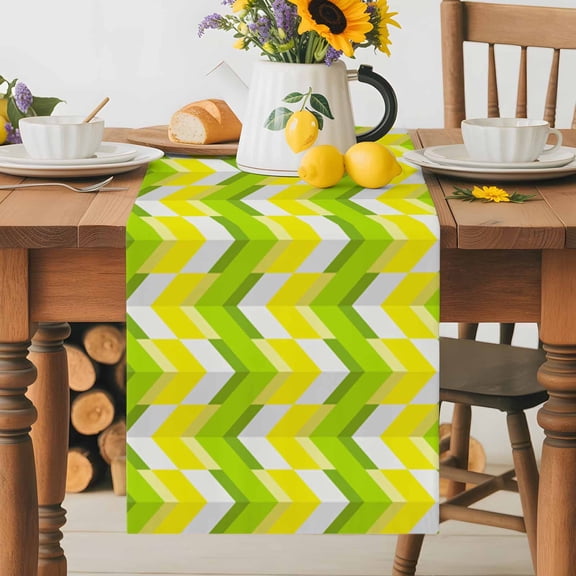 Kitchen Table Runner 36 Inches Long, Modern Chevron Striped Geometric Art Cotton Linen Table Runners for Dining Tables Home Holiday Party Wedding, Yellow Green Tabletop Scarf