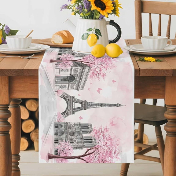 Kitchen Table Runner 36 Inches Long, Modern Pink Flower Paris Landmarks Cotton Linen Table Runners for Dining Tables Home Holiday Party Wedding, Towel Architecture Tabletop Scarf