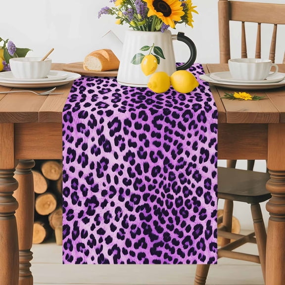 Kitchen Table Runner 36 Inches Long, Modern Purple Leopard Texture Cotton Linen Table Runners for Dining Tables Home Holiday Party Wedding, Abstract Animal Printed Tabletop Scarf