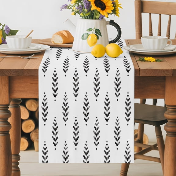Kitchen Table Runner 36 Inches Long, Modern Scandi Botanical Leaves Cotton Linen Table Runners for Dining Tables Home Holiday Party Wedding, Minimalist Black Leaf on White Tabletop Scarf