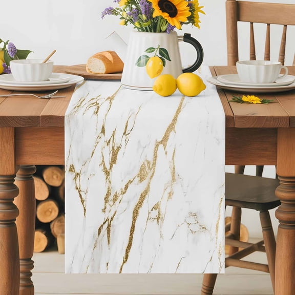 Kitchen Table Runner 36 Inches Long, Modern Simple Marble Pattern Cotton Linen Table Runners for Dining Tables Home Holiday Party Wedding, Abstract Golden Veins Tabletop Scarf