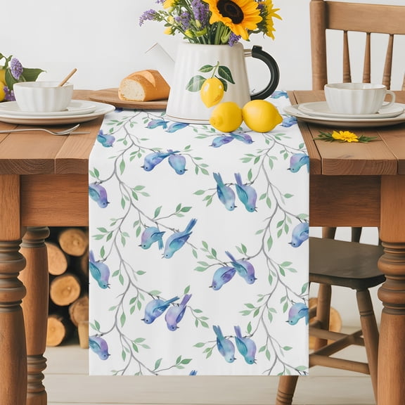 Kitchen Table Runner 36 Inches Long, Modern Watercolor Bird Tree Branch Cotton Linen Table Runners for Dining Tables Home Holiday Party Wedding, Botanical Leaves Blue Birds Tabletop Scarf