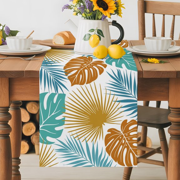 Kitchen Table Runner 36 Inches Long, Monstera Summer Tropical Leaf Cotton Linen Table Runners for Dining Tables Home Holiday Party Wedding, Boho Orange Fern Leaves Tabletop Scarf