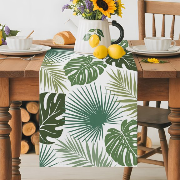 Kitchen Table Runner 36 Inches Long, Monstera Summer Tropical Leaf Cotton Linen Table Runners for Dining Tables Home Holiday Party Wedding, Retro Boho Fern Leaves Tabletop Scarf