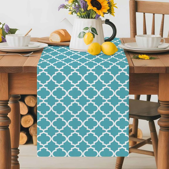 Kitchen Table Runner 36 Inches Long, Moroccan Geometric Pattern Cotton Linen Table Runners for Dining Tables Home Holiday Party Wedding, Abstract Turquoise Minimalist Art Tabletop Scarf