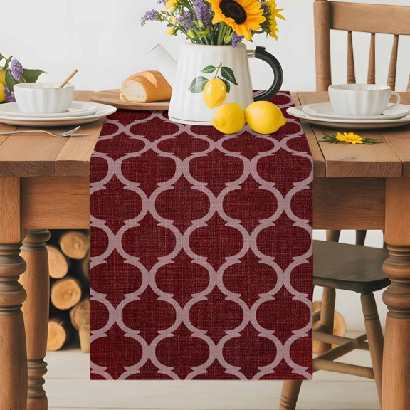 Kitchen Table Runner 36 Inches Long, Moroccan Red Geometric Lattice Cotton Linen Table Runners for Dining Tables Home Holiday Party Wedding, Retro Medieval Pattern Tabletop Scarf