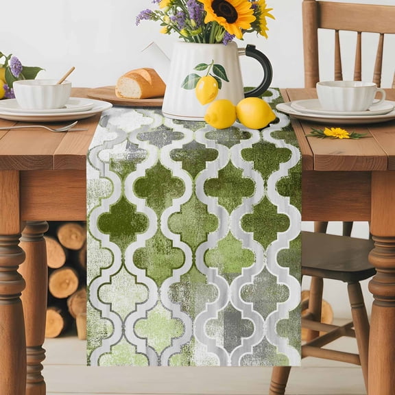 Kitchen Table Runner 36 Inches Long, Moroccan Sage Green Gray Cotton Linen Table Runners for Dining Tables Home Holiday Party Wedding, Vintage Abstract Geometric Art Tabletop Scarf