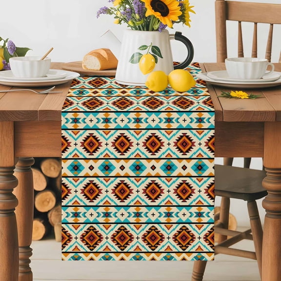 Kitchen Table Runner 36 Inches Long, Morocco Abstract Tribal Texture Cotton Linen Table Runners for Dining Tables Home Holiday Party Wedding, Ethnic Geometric Square Art Tabletop Scarf