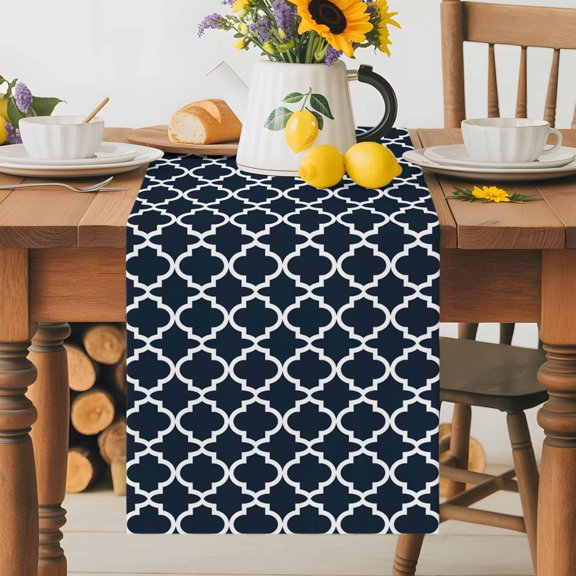 Kitchen Table Runner 36 Inches Long, Morocco Ethnic Pattern Cotton Linen Table Runners for Dining Tables Home Holiday Party Wedding, Modern Geometric on Black Background Tabletop Scarf