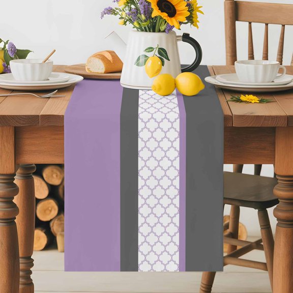 Kitchen Table Runner 36 Inches Long, Morocco Purple Grey Stripes Cotton Linen Table Runners for Dining Tables Home Holiday Party Wedding, Abstract Ombre Geometric Tabletop Scarf