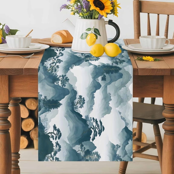 Kitchen Table Runner 36 Inches Long, Mountain Garden Chinese Style Cotton Linen Table Runners for Dining Tables Home Holiday Party Wedding, Chinoiserie Asian Scenic Tabletop Scarf