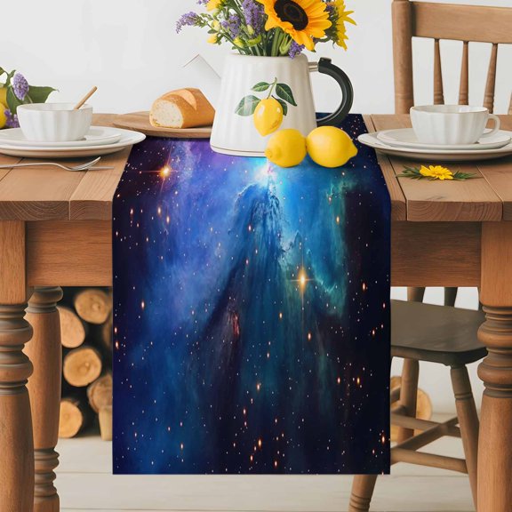 Kitchen Table Runner 36 Inches Long, Mystical Blue Purple Starry Sky Cotton Linen Table Runners for Dining Tables Home Holiday Party Wedding, Galaxy Digital Design Tabletop Scarf
