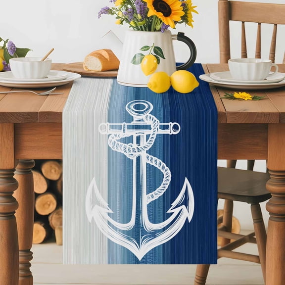 Kitchen Table Runner 36 Inches Long, Nautical Anchor Navy Blue Gradient Cotton Linen Table Runners for Dining Tables Home Holiday Party Wedding, Summer Coastal Nautical Theme Tabletop Scarf