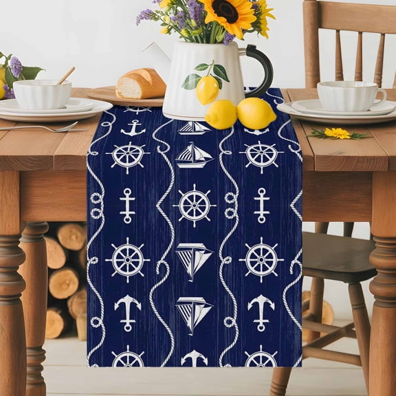 Kitchen Table Runner 36 Inches Long, Nautical Anchor Sailboat Cotton Linen Table Runners for Dining Tables Home Holiday Party Wedding, Deep Navy Blue Background Tabletop Scarf