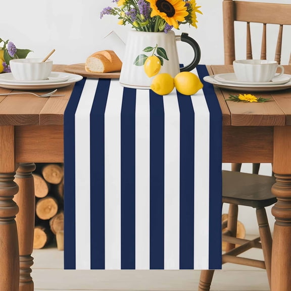 Kitchen Table Runner 36 Inches Long, Nautical Striped Navy Blue and White Cotton Linen Table Runners for Dining Tables Home Holiday Party Wedding, Stripes Tabletop Scarf