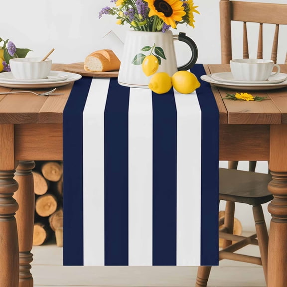 Kitchen Table Runner 36 Inches Long, Navy Blue Stripe Summer Nautical Theme Cotton Linen Table Runners for Dining Tables Home Holiday Party Wedding, White Geometric Lines Tabletop Scarf