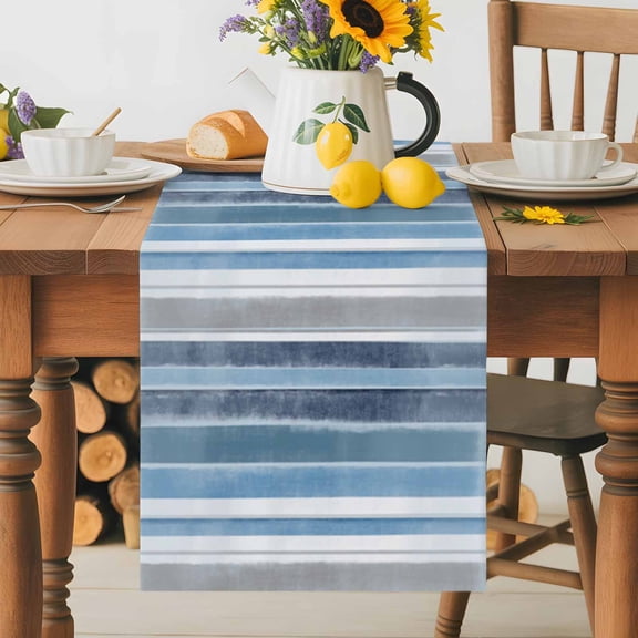 Kitchen Table Runner 36 Inches Long, Nordic Blue White Geometric Stripes Cotton Linen Table Runners for Dining Tables Home Holiday Party Wedding, Gradient Abstract Art Tabletop Scarf