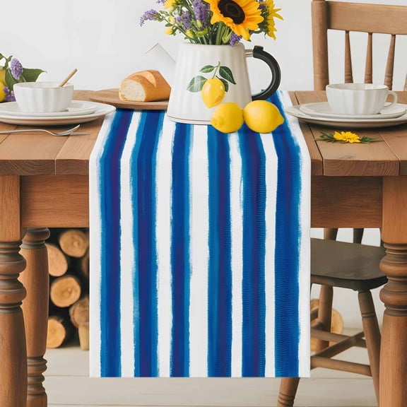Kitchen Table Runner 36 Inches Long, Ocean Blue Stripe Cotton Linen Table Runners for Dining Tables Home Holiday Party Wedding, Summer Beach Coastal Theme Tabletop Scarf
