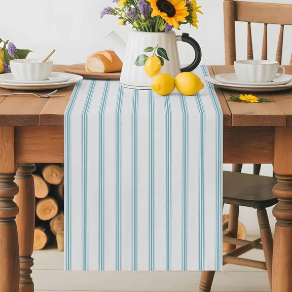 Kitchen Table Runner 36 Inches Long, Ocean Blue Stripes Seamless Ticking Stripe Cotton Linen Table Runners for Dining Tables Home Holiday Party Wedding, Farmhouse Pinstripe Tabletop Scarf