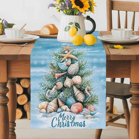 Kitchen Table Runner 36 Inches Long, Ocean Conch Starfish Christmas Tree Cotton Linen Table Runners for Dining Tables Home Holiday Party Wedding, Summer Marine Theme Tabletop Scarf