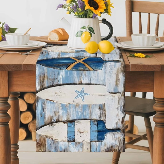 Kitchen Table Runner 36 Inches Long, Ocean Nautical Theme Wood Grain Cotton Linen Table Runners for Dining Tables Home Holiday Party Wedding, Summer Retro Marine Theme Tabletop Scarf