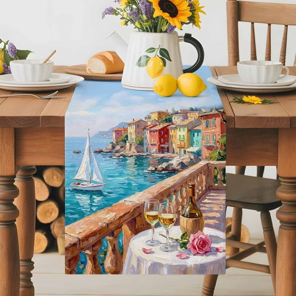 Kitchen Table Runner 36 Inches Long, Ocean Scene Sailboat Oil Painting Cotton Linen Table Runners for Dining Tables Home Holiday Party Wedding, Coastal Town Italian Style Tabletop Scarf