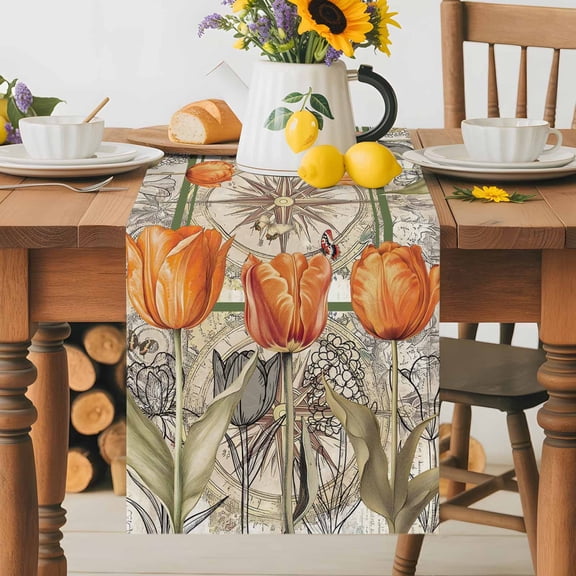 Kitchen Table Runner 36 Inches Long, Orange Tulip Flower Plants Cotton Linen Table Runners for Dining Tables Home Holiday Party Wedding, Butterfly Vintage Map Tabletop Scarf