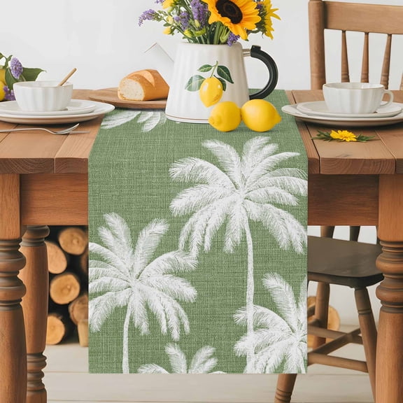 Kitchen Table Runner 36 Inches Long, Palm Tree Tropical Leaves Green Cotton Linen Table Runners for Dining Tables Home Holiday Party Wedding, Minimalist Boho Botanical Tabletop Scarf