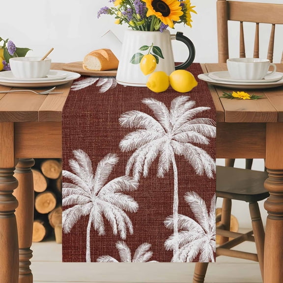 Kitchen Table Runner 36 Inches Long, Palm Trees Boho Tropical Leaves Cotton Linen Table Runners for Dining Tables Home Holiday Party Wedding, Summer Coastal Brown Tabletop Scarf
