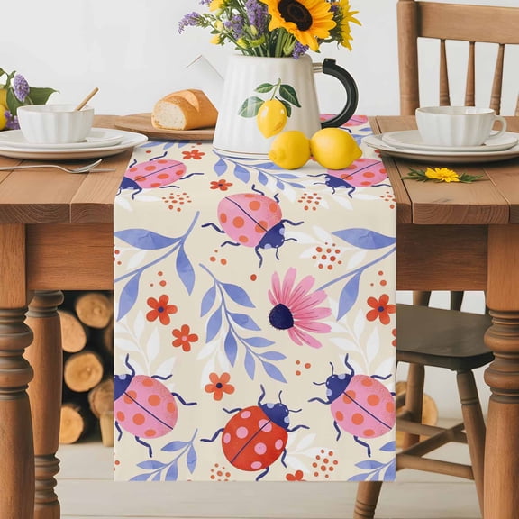 Kitchen Table Runner 36 Inches Long, Pastoral Ladybug Cute Flower Cotton Linen Table Runners for Dining Tables Home Holiday Party Wedding, Watercolor Purple Leaves Tabletop Scarf