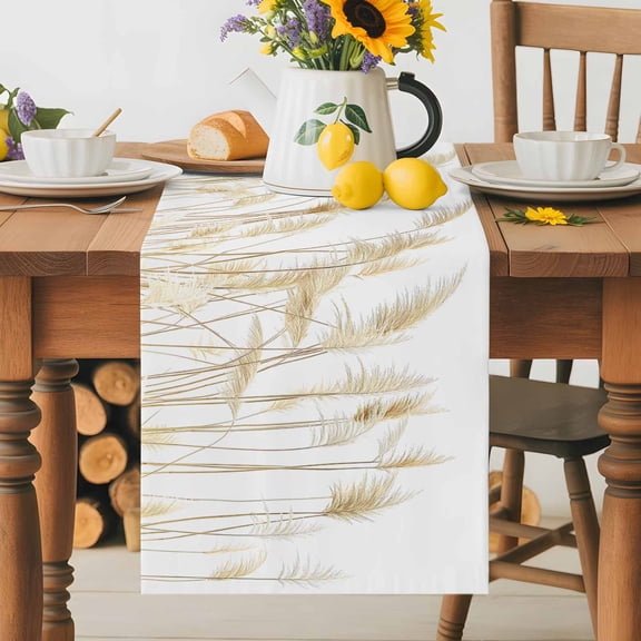 Kitchen Table Runner 36 Inches Long, Pastoral Reed Pampas Grass Plant Cotton Linen Table Runners for Dining Tables Home Holiday Party Wedding, Autumn Botanical on White Tabletop Scarf