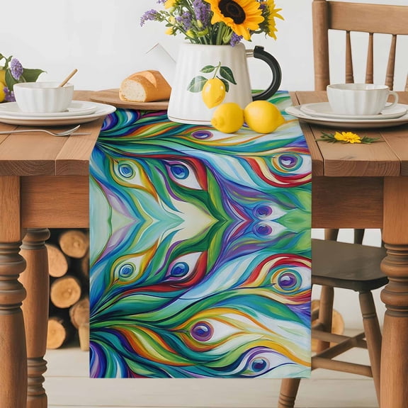 Kitchen Table Runner 36 Inches Long, Peacock Feathers Colorful Gradient Cotton Linen Table Runners for Dining Tables Home Holiday Party Wedding, Vibrant Abstract Art Tabletop Scarf