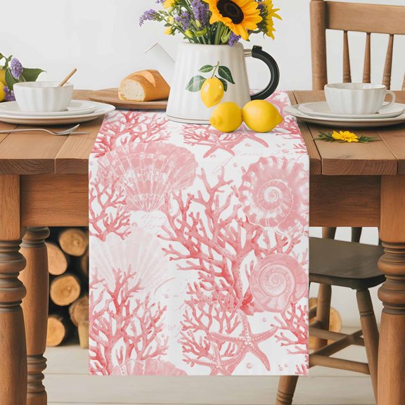 Kitchen Table Runner 36 Inches Long, Pink Conch Coral Shell Starfish Cotton Linen Table Runners for Dining Tables Home Holiday Party Wedding, Watercolor Marine Life Tabletop Scarf