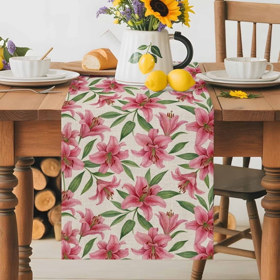 Kitchen Table Runner 36 Inches Long, Pink Lily Watercolor Flroal Leaf Cotton Linen Table Runners for Dining Tables Home Holiday Party Wedding, Blossom Flower on Retro Linen Tabletop Scarf
