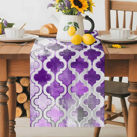 Kitchen Table Runner 36 Inches Long, Purple Moroccan Pattern Cotton Linen Table Runners for Dining Tables Home Holiday Party Wedding, Abstract Geometric Art Tabletop Scarf